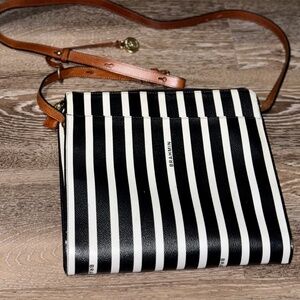 Brahmin Black & White Striped Crossbody Bag with Brown Strap